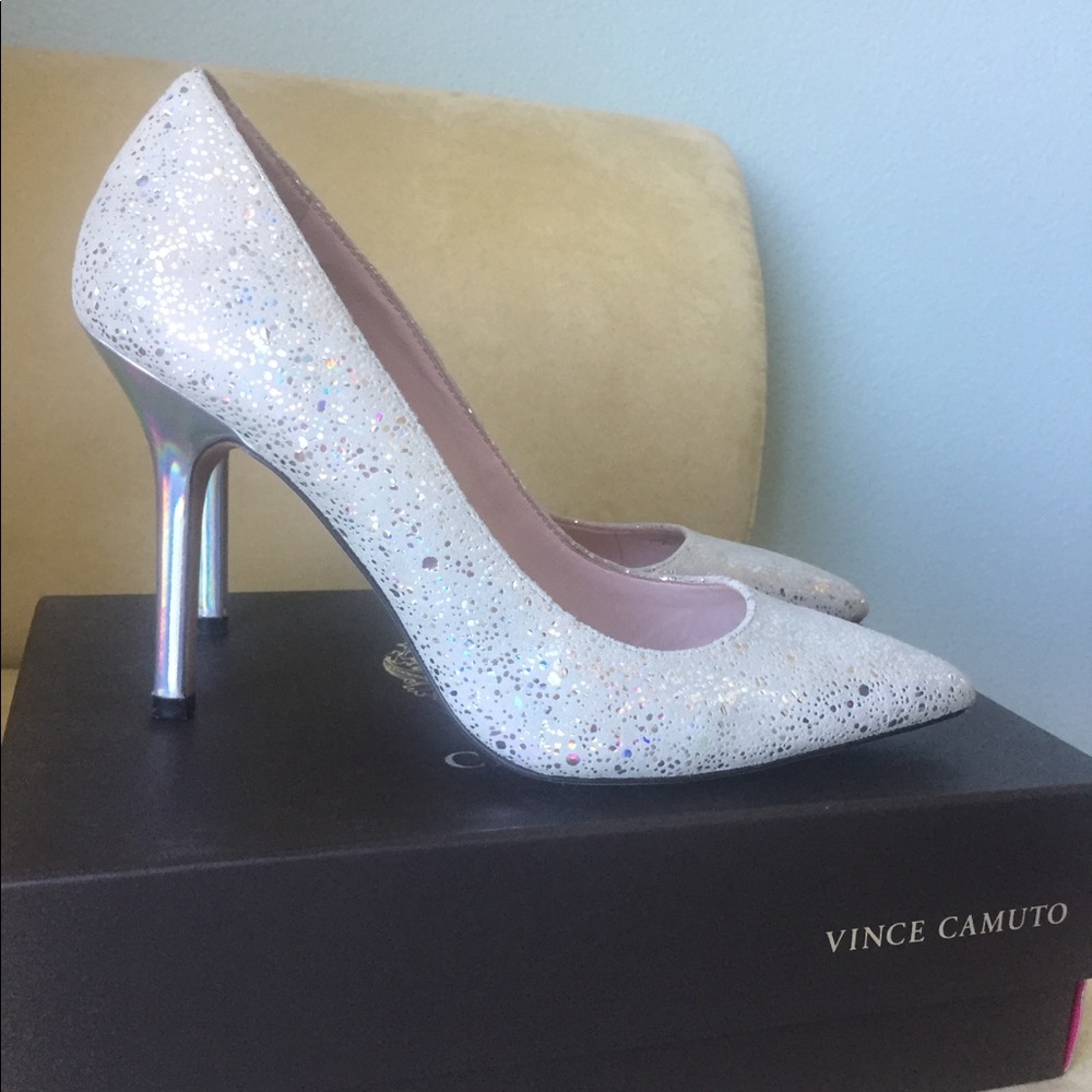 Vince Camuto high heels sparkle silver suede